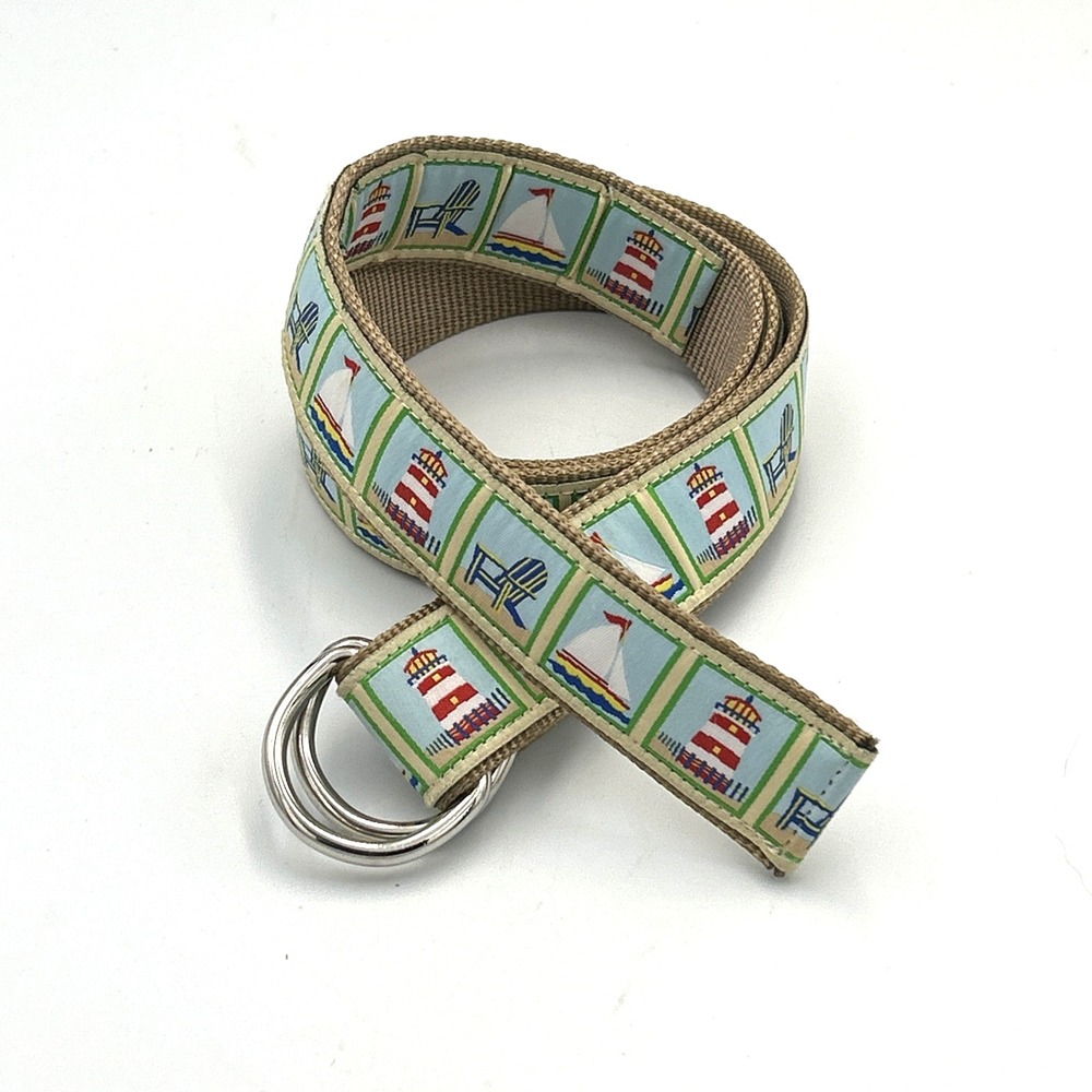 Douglas Paquette Canvas Nautical Belt Size Medium D-Ring Preppy Ribbon Made USA